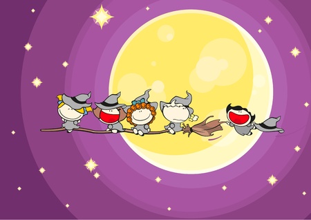 Group of witches flying in a halloween nightのイラスト素材