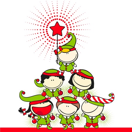 Cute kids in costumes of elves created a christmas tree pyramidのイラスト素材