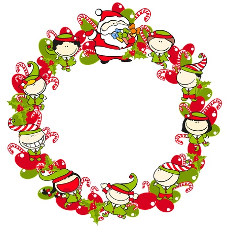 Christmas wreath with elves and Santa Clausのイラスト素材