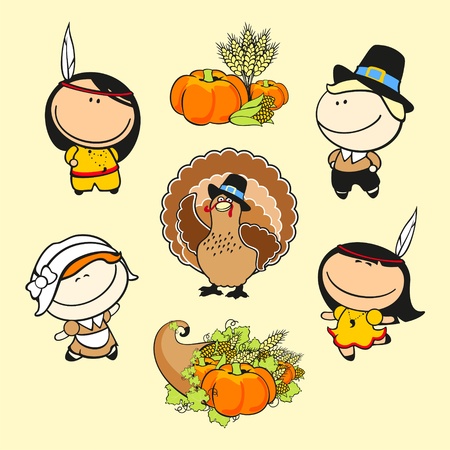 Set of images of funny kids #59, thanksgiving day themeのイラスト素材