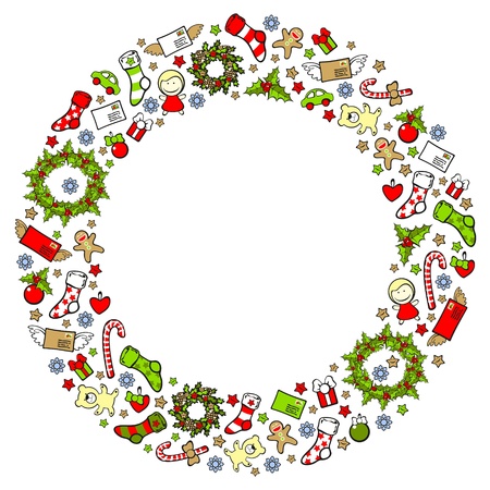 Christmas wreath consisting of holiday elements and symbolsのイラスト素材