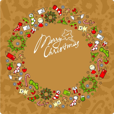 Christmas card with a festive wreath consisting of holiday elements and symbolsのイラスト素材
