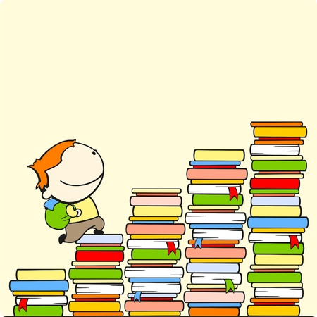Boy running to the top of stairs of knowledgeのイラスト素材