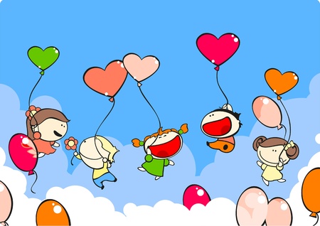 Funny kids in the air with balloonsのイラスト素材