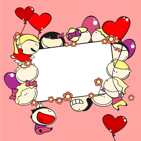 Valentine Day frame with kids and balloonsのイラスト素材