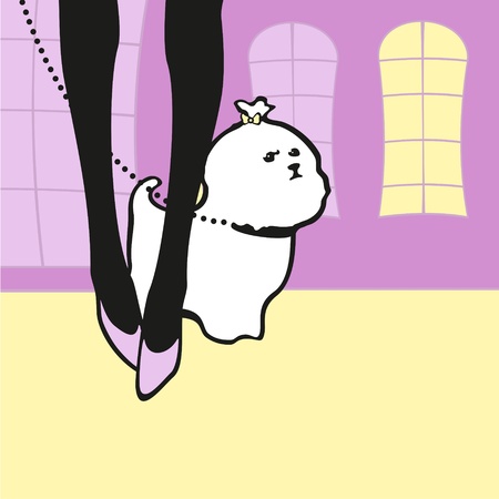 Girl walking with a lap-dogのイラスト素材