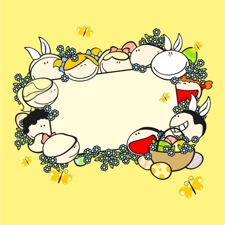Background with funny kids, flowers, eggs and rabbitのイラスト素材