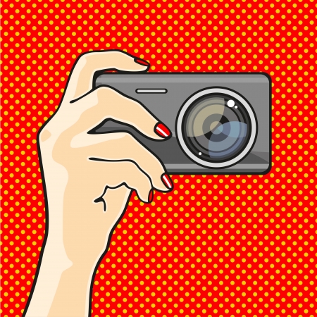 Illustration of a hand holding a photo cameraのイラスト素材