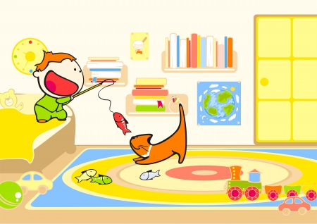 Cute little boy playing with his catのイラスト素材