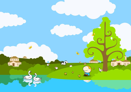 Cute kid enjoying summer day on the lake coastのイラスト素材