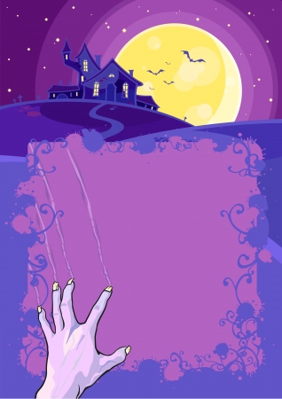Halloween background with a hand and a scary houseのイラスト素材