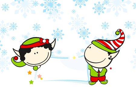 Christmas card with two elves holding a bannerのイラスト素材