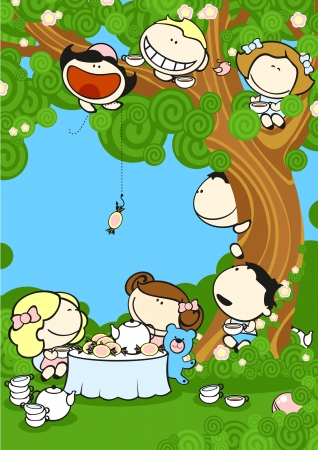 Group of friends drinking tea in a gardenのイラスト素材