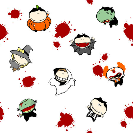 Seamless Halloween pattern with kids in costumes and blood dropsのイラスト素材