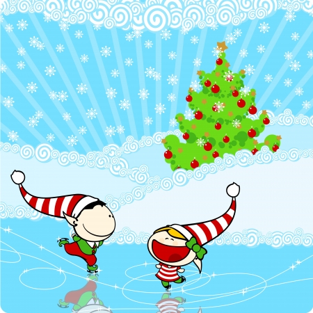 Two elves enjoying ice skatingのイラスト素材