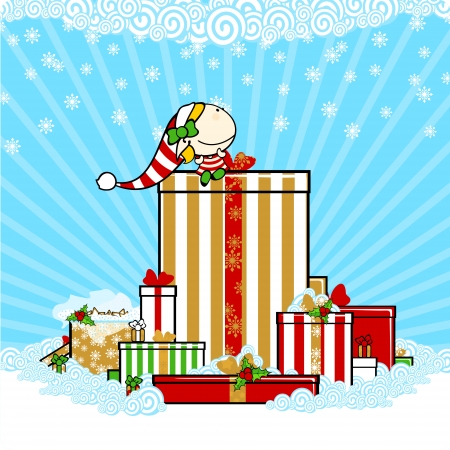 Little elf girl sitting on Christmas gift boxesのイラスト素材