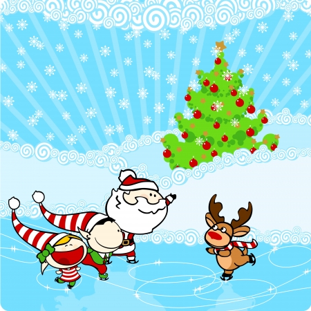 Two elves, Santa and reindeer enjoying ice skatingのイラスト素材