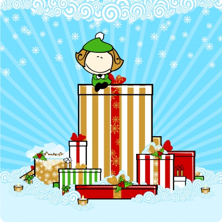 Little girl sitting on Christmas gift boxesのイラスト素材