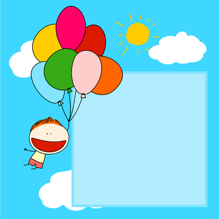Cute card with a boy flying with a bunch of balloonsのイラスト素材