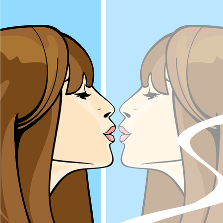 Portrait of a brunette girl kissing her own reflection in a mirrorのイラスト素材