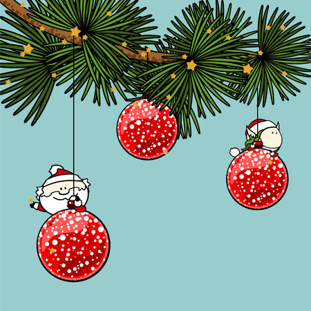 Branch of a decorated Christmas tree with cute tiny Santa Claus and fairy girlのイラスト素材