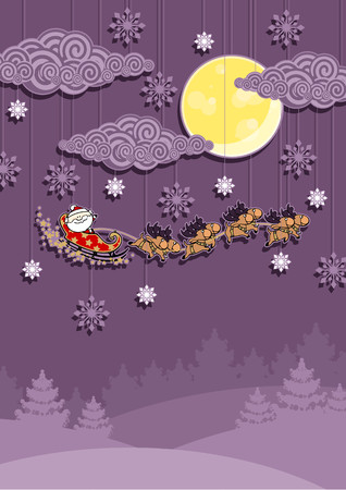 Christmas card with Santa Claus in his sledge over the night winter forestのイラスト素材