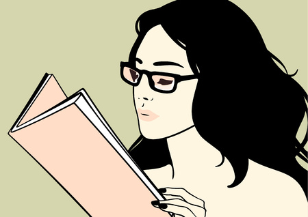 Beautiful brunette girl in glasses reading a bookのイラスト素材
