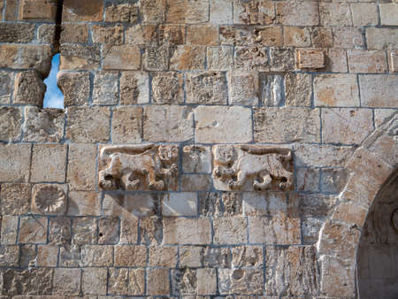 Lions Gate, also know as St Stephen's Gate, in the old city of Jerusalem Israel. Suleiman the Magnificent had the carvings made.の写真素材
