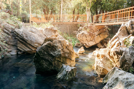 Waterfalls with rocks and bridges.の写真素材