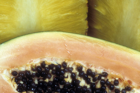Fresh fruit group with papaya and pineapple. Film scan.