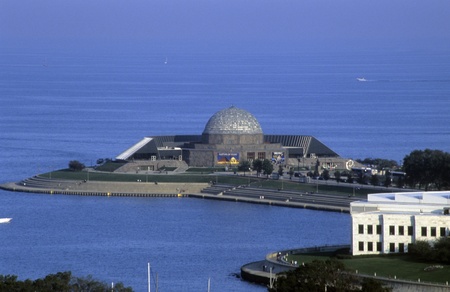 Aerial view of Adler Planetarium located on the Chicago River, Chicago, Illinois, USA.のeditorial素材