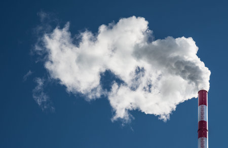 Dirty smoke from red and white smokestack on blue sky
