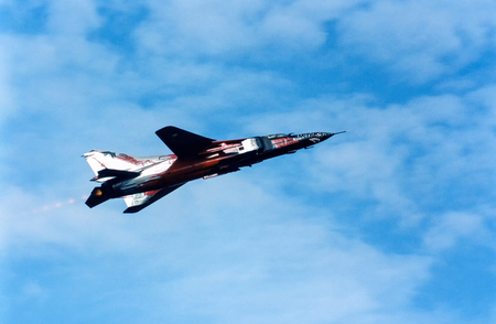 TABOR, CZECH REPUBLIC - CIRCA 1994: MiG-23 fighter at the air show in Tabor, Czech Republic. Scanned historical negativeのeditorial素材