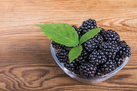 Heap of blackberries in glass bowl. Fresh juicy fruit with a decorative green leaf on a wooden background.の写真素材
