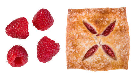 Group of four raspberries and filled pastry. Fragrant sweet snack and fresh fruit isolated on white background.の写真素材