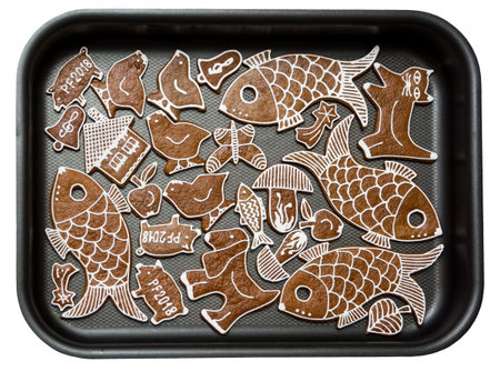 Beautiful traditional handmade Christmas gingerbread. Freshly decorated homemade cookies are drying...