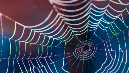 Beautiful colorful cobweb on dark blurred background. Detail of wet spider trap in HD ratio 16x9.