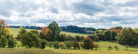 The beginning of autumn in a landscape under cloudy sky. Beautiful colorful panorama with trees in sunlight.の写真素材