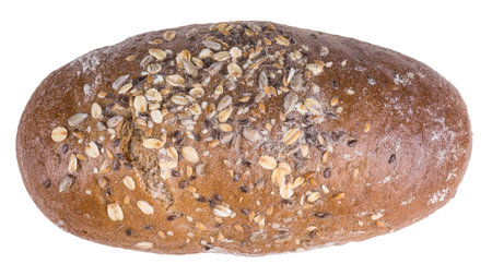 Big whole grain brown bread with crust. Freshly baked loaf with oat flakes and linseed. Isolated on...