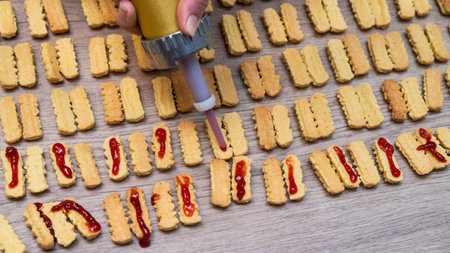 Making of sweet Christmas cookies glued with marmalade. The hand holding a metal press and pushing...
