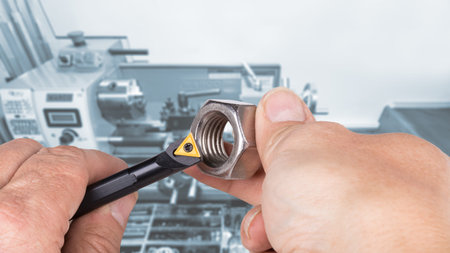 Lathe cutter for machining holes and hexagonal nut on blurred background. Human hands when holding...