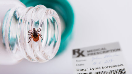 Castor bean tick, medical prescription and laboratory tube. Ixodes ricinus. The dangerous carrier of...