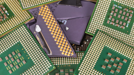 Broken obsolete processor among the new modern ones. Heap of computer chips. Idea of technological...
