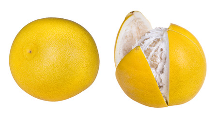 Close-up of two pomelos. Citrus grandis. Tropical citrus fruits with yellow peel, whole or partly cut open and peeled. Isolated on white background.の写真素材