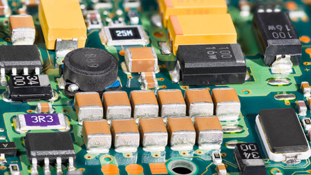 Integrated circuits. Surface mount technology. Electronic components. Printed circuit board detail....
