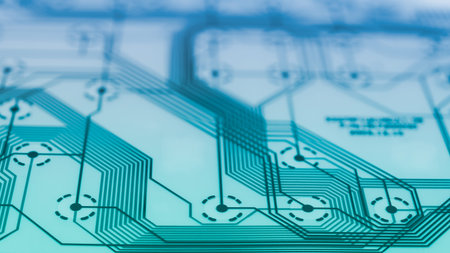 Electronic flex circuit closeup. Abstract technical background. Transparent green blue texture....