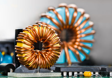 Inductors detail. Copper wire winding. Magnetic ferrite core. Inverter. Beautiful colorful coils in...