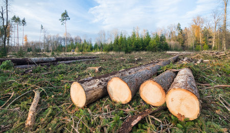 Group of felled wooden spruce logs in a damaged autumn forest. Blue sky. Tree felling and forestry...