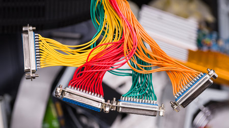 Colored cables bundles hanging loose over electronic waste dump detail. Metal 25 pin connectors....