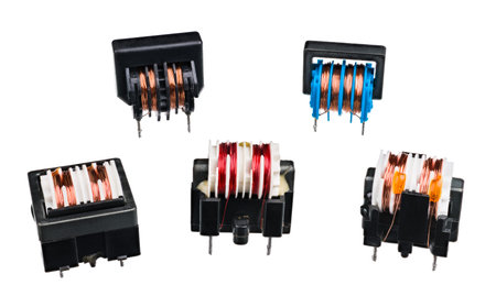 Group of various transformers with coils and black core isolated on white background. Passive electronic devices for electrical energy transfer between two circuits. Set of electrotechnic components.の写真素材